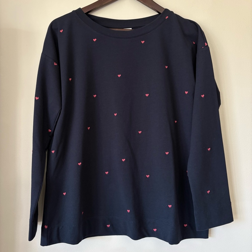J Jill Navy Blue Sweatshirt Pink Embroidered Hearts Love Cotton Blend Size Small